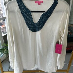 Isaac Mizrahi 🖤 Womens Turquoise Beaded Embellished Linen Blend Tunic